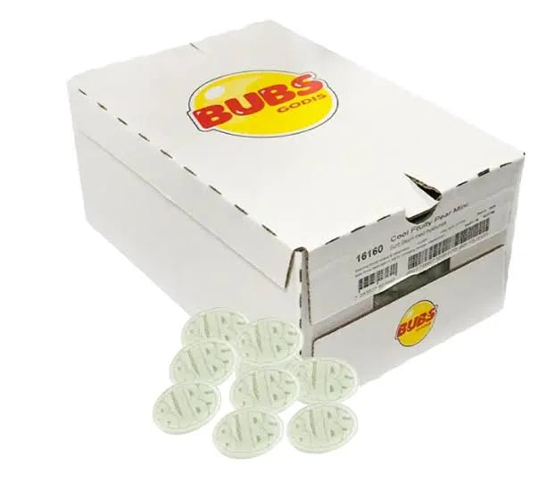 Box of Bubs candy products with a few green candy planted out on a white background