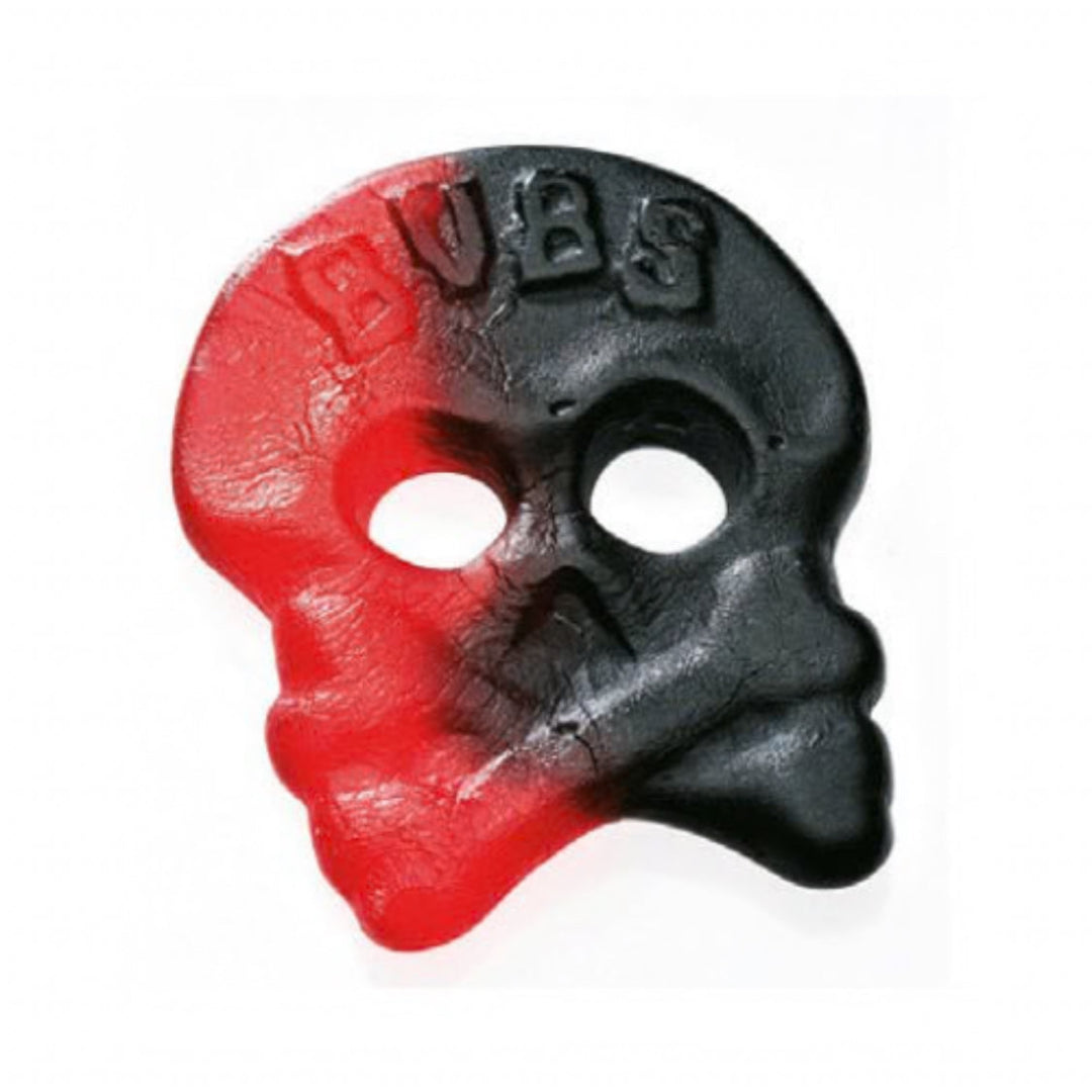 Skull-shaped object with red and black colors and 'Bubs' branding on a white background