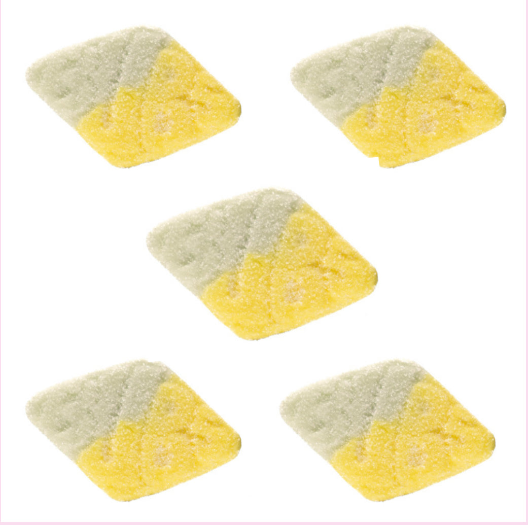 Five triangular yellow and green marshmallow candies marked bubs