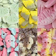 Candy Collection of different candies with brand name BUBS. Colorful. Tuttifrutti, mini pear, strawberry, pomegranate, sour fizzy skull