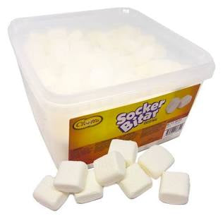 Container of Socker Bites with visible label on a white background