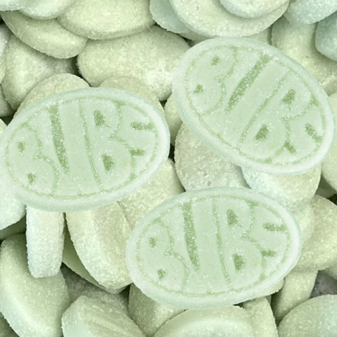 Close-up of green candy with 'BUBS' branding.