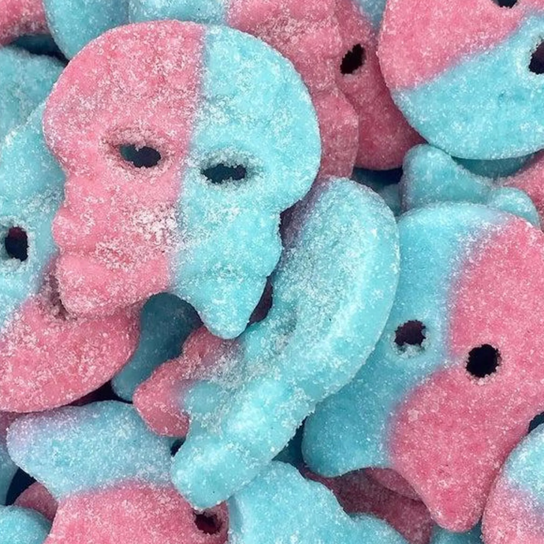 Pink and blue gummy skull shaped.