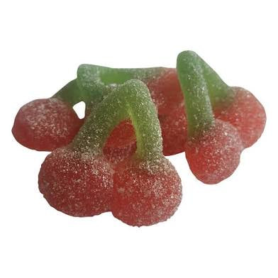 Gummy cherries on a white background