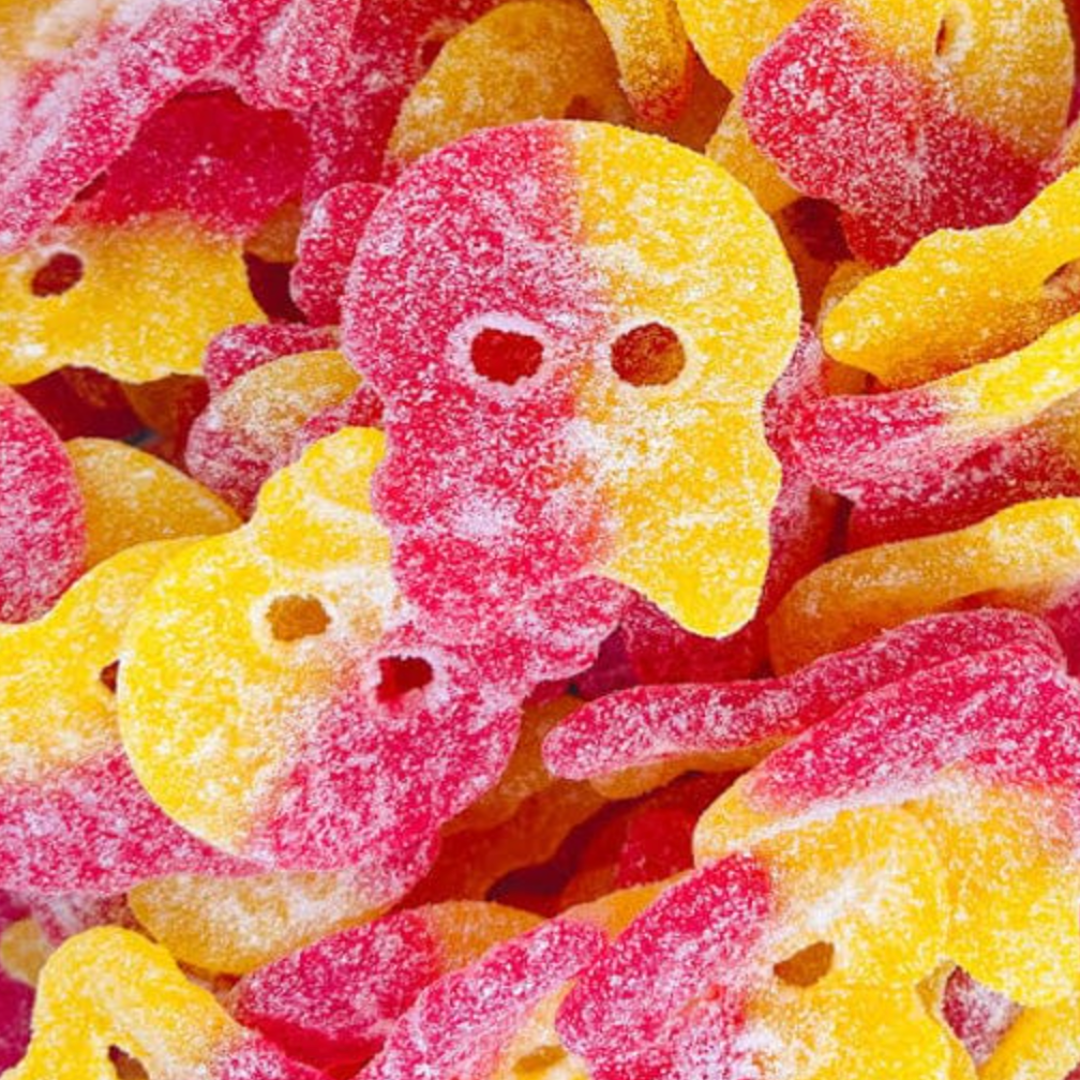 Close up of a Swedish candy BUBS skull rasberry and lemon.