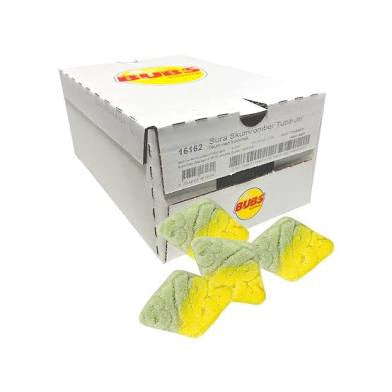 A box from BUBS labeled with Tutti-frutti. Outside box there are 4 marshmallow candies marked BUBS.
