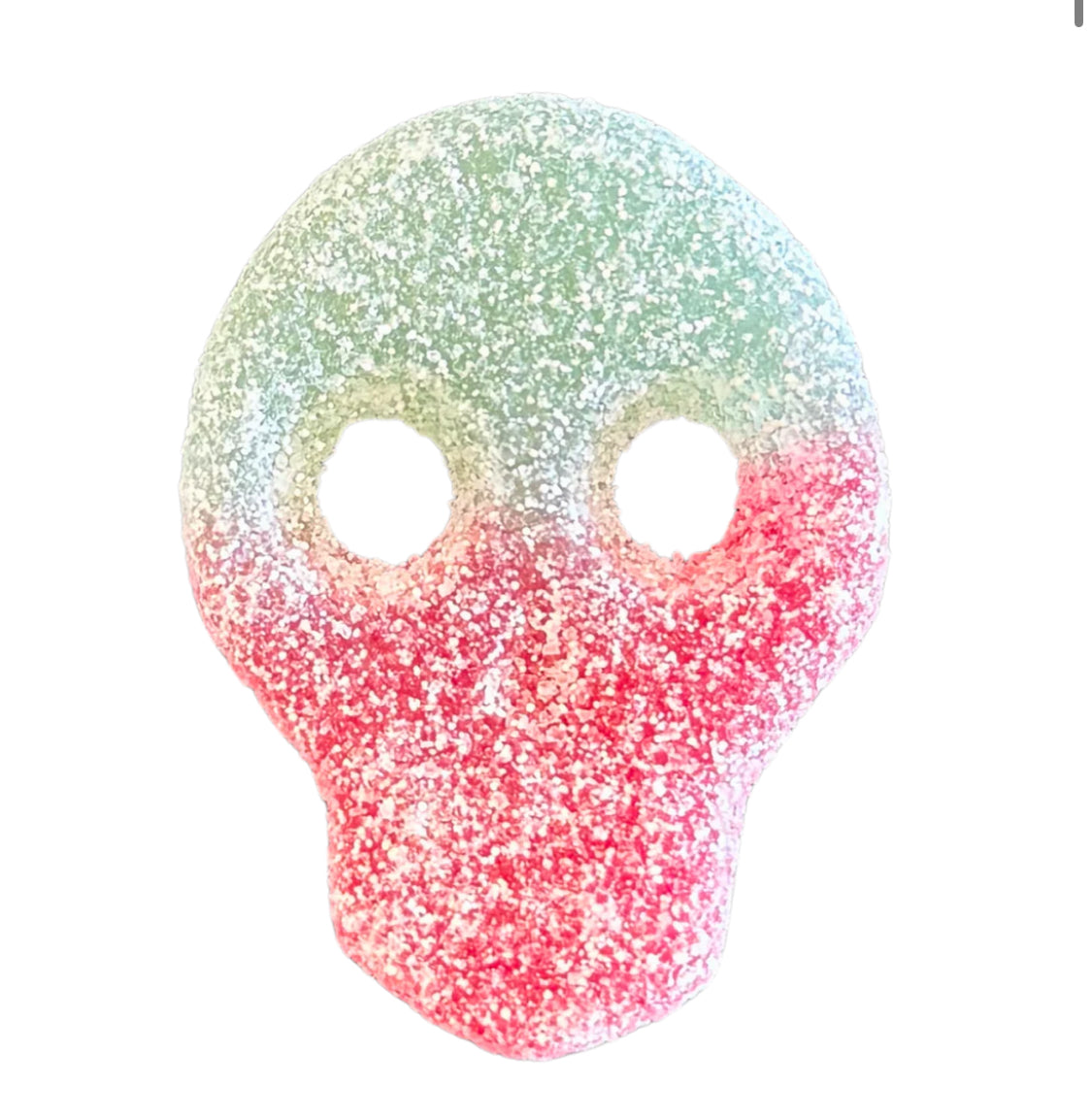 Colorful glittery skull-shaped candy on a white background