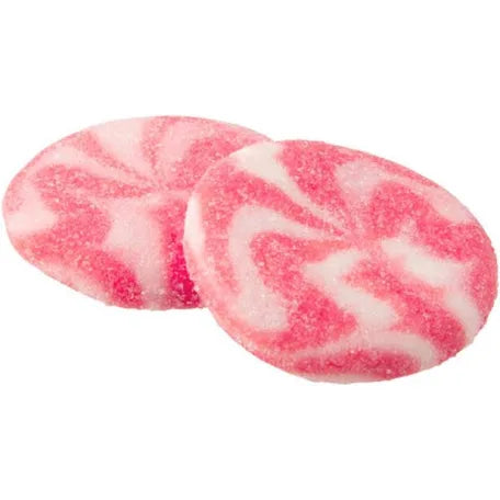 Two pink and white swirled Marshmallow candies on a white background