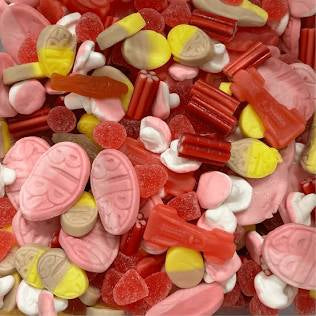 Assorted colorful candy including gummy bears and heart-shaped candies and bubs. Swedish Candy Shack Mixes