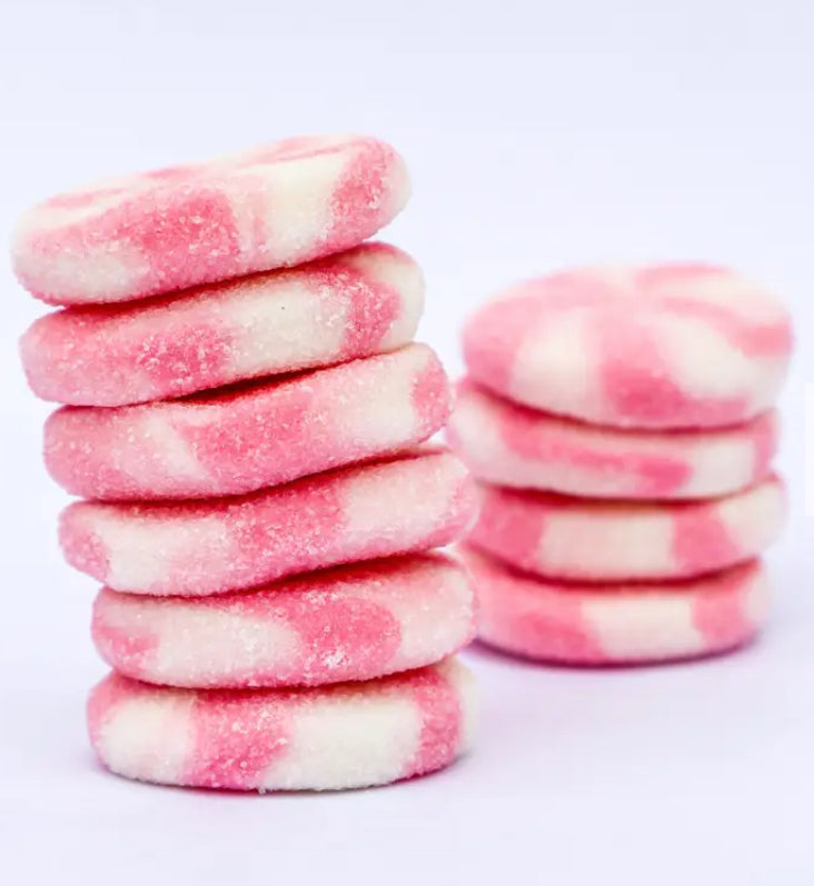 Stack of pink and white Marshmallow Candy.