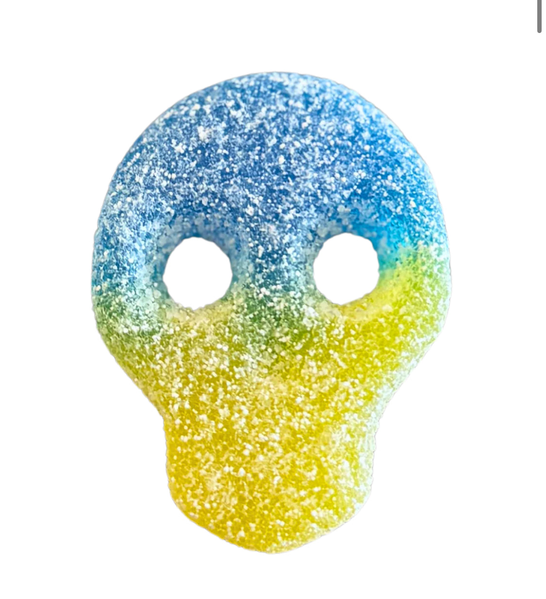 Blue and yellow shaped skull candy covered in sour sweet sugar
