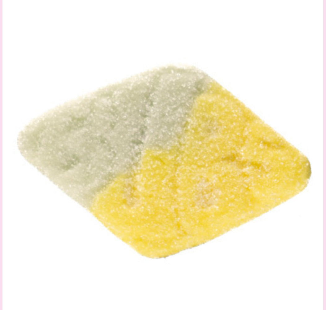 Two-tone green and yellow square marshmallow on a white background
