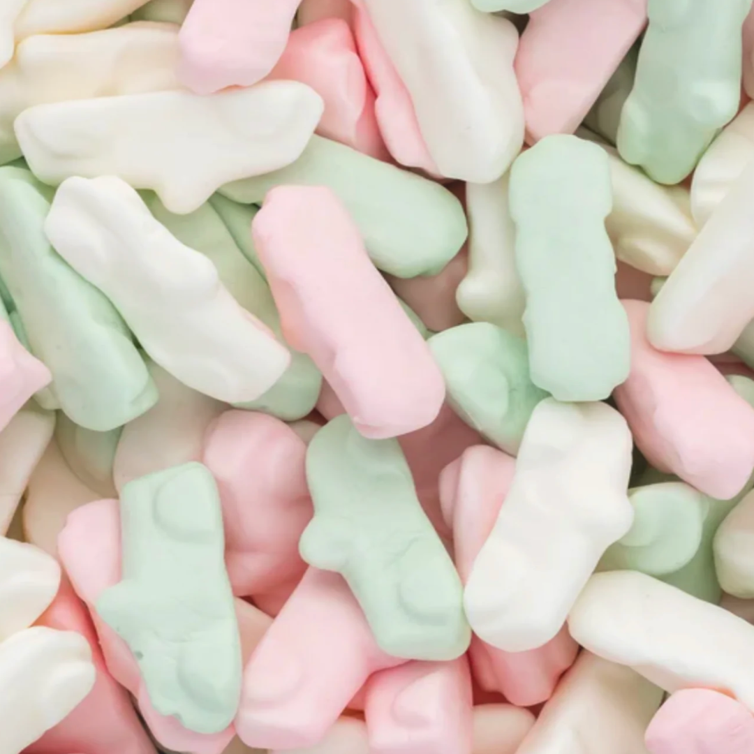 Close-up of pastel-colored marshmallow cars.