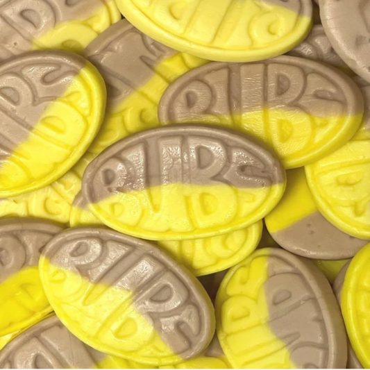 Oval yellow and brown marshmallow brand BUBS
