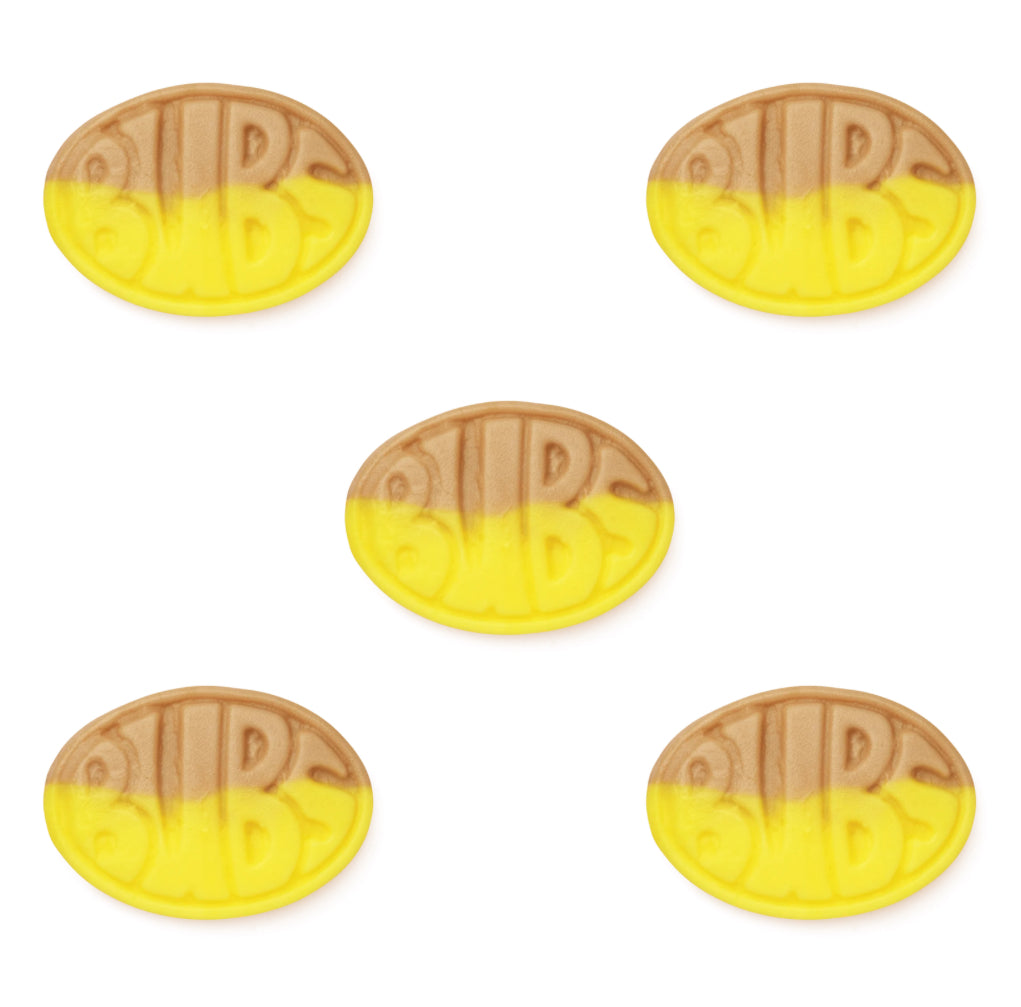 Five Oval  Marshmallow candies with brown and yellow coloring marked BUBS on a white background