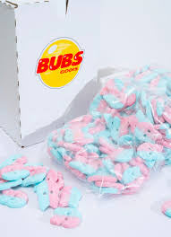 A box with BUBS Dizzy Skulls blue and pink candies.