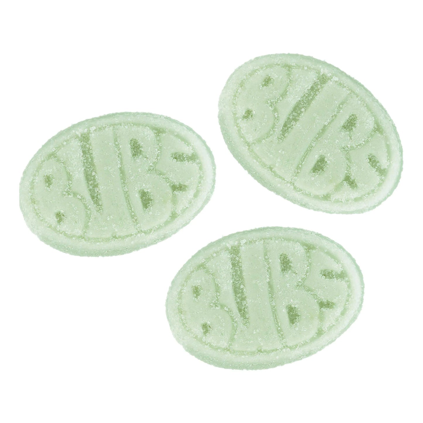 Three green oval marshmallow candies marked BUBS  on a white background