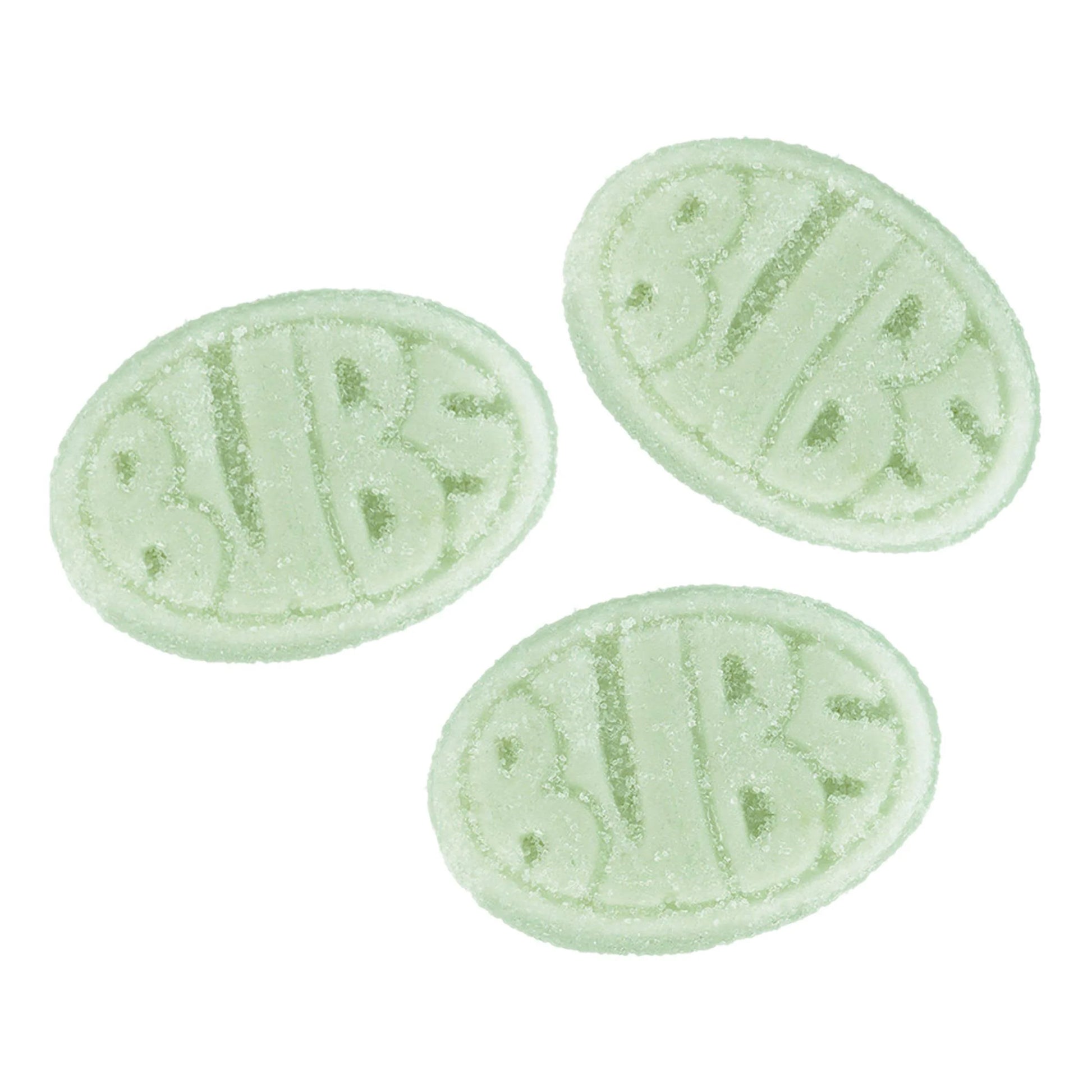 Three green oval marshmallow candies marked BUBS  on a white background