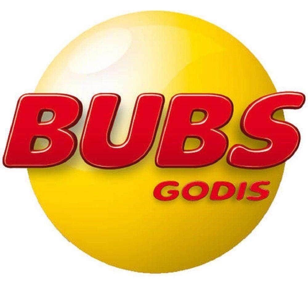 Yellow sphere with red text 'BUBS GODIS' on a white background
