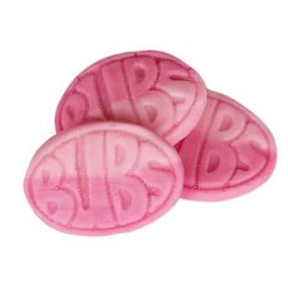 Three pink oval marshmallow candies with 'BUBS' text on a white background