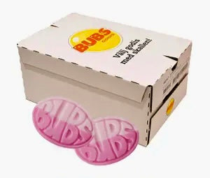 BUBS candy box. Two pink oval candies are in front of the cardboard box