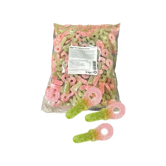Bag of gummy pacifiers candy green and red on a white background