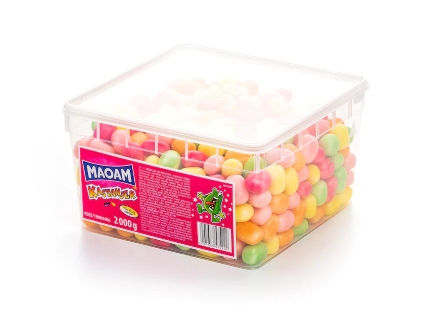 Container of colorful gummies with a Maoam label on a white background