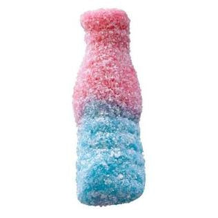 Sugared cotton candy in a shape as bottle with pink and blue gradient on a white background