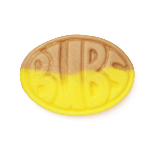 Oval candy marshmallow yellow and brown marked bubs