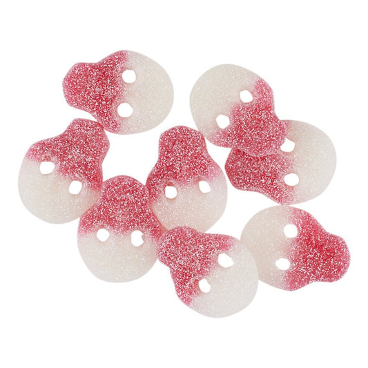 Red and white gummy skulls on a white background