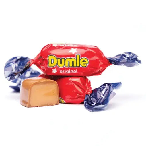 Red Dumle candy with blue wrappers on a white background
