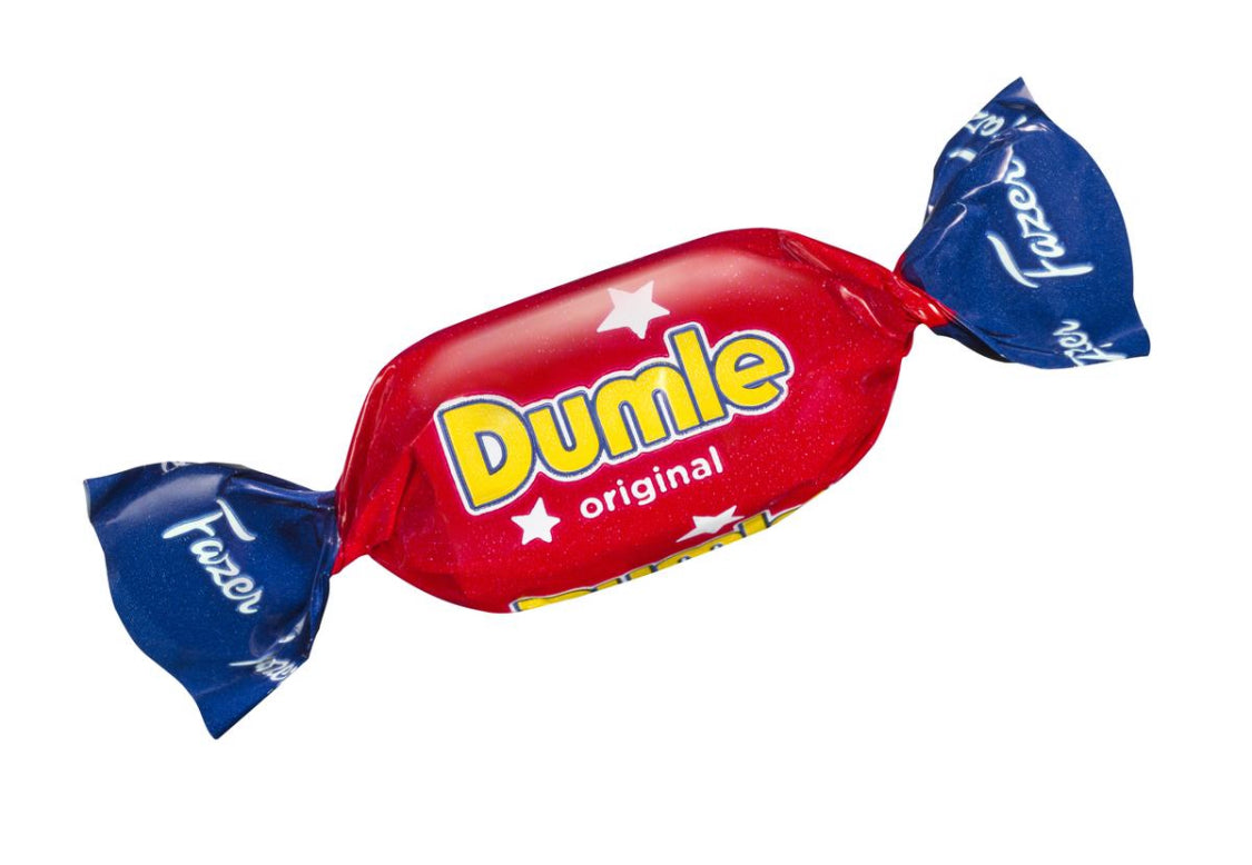 Red and blue Dumle candy with 'Fraser' branding on a white background