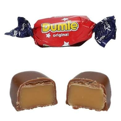 Dumile original candy with red wrapper and blue foil on a white background