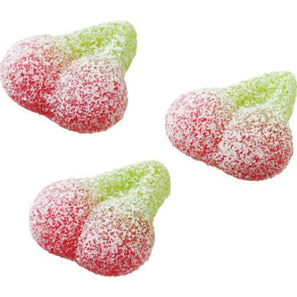 Three colorful jelly beans shaped as cherries with a white background