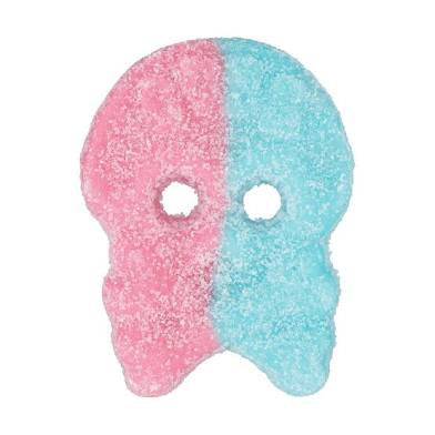 Two half-skull masks, one pink and one blue, on a white background.