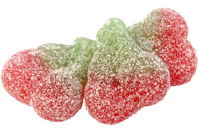 3 Colorful gummy candies cherries red and green on a white background