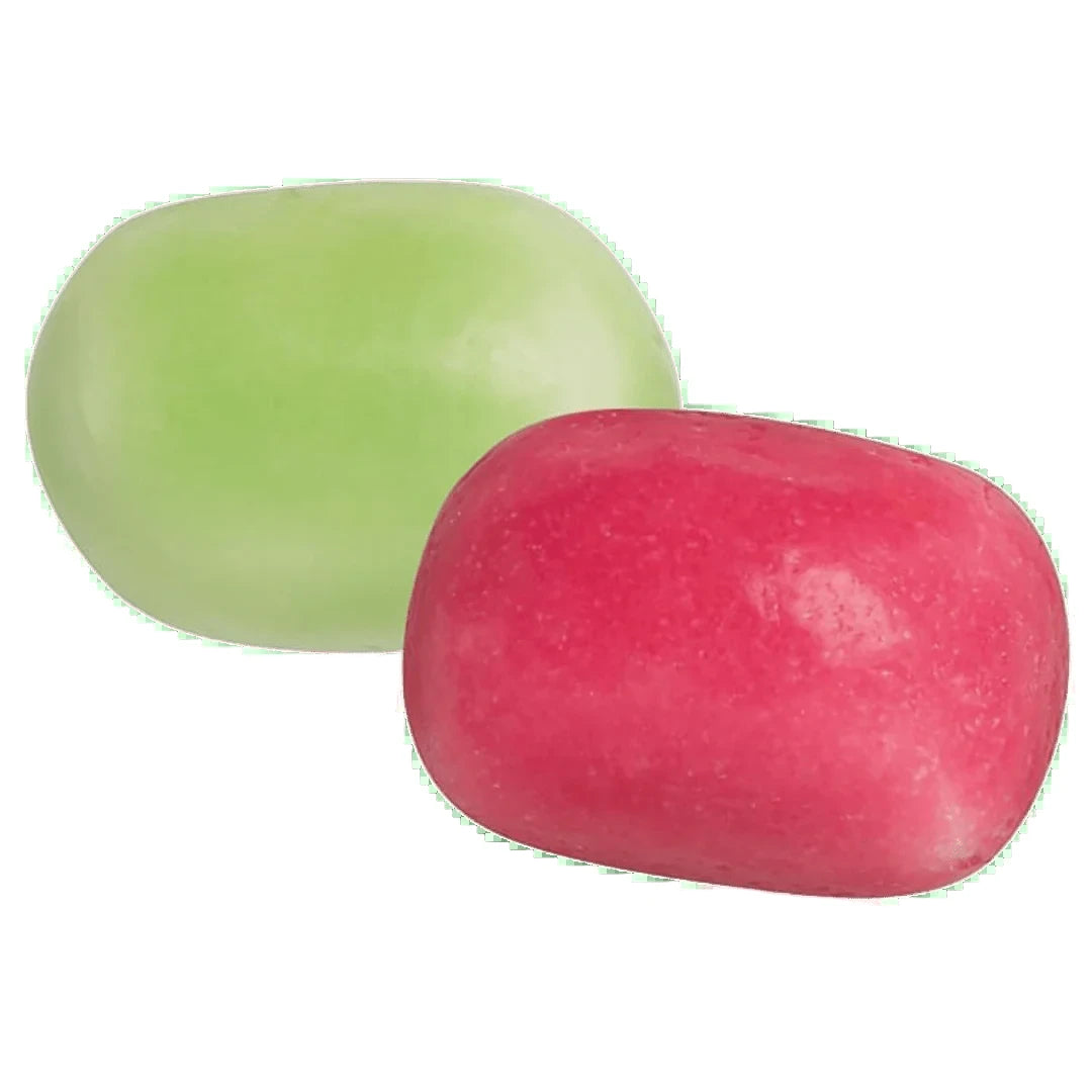 Two colorful candies, one green and one pink, on a white background. Chewy with an interesting center that will surprise you in a good way!