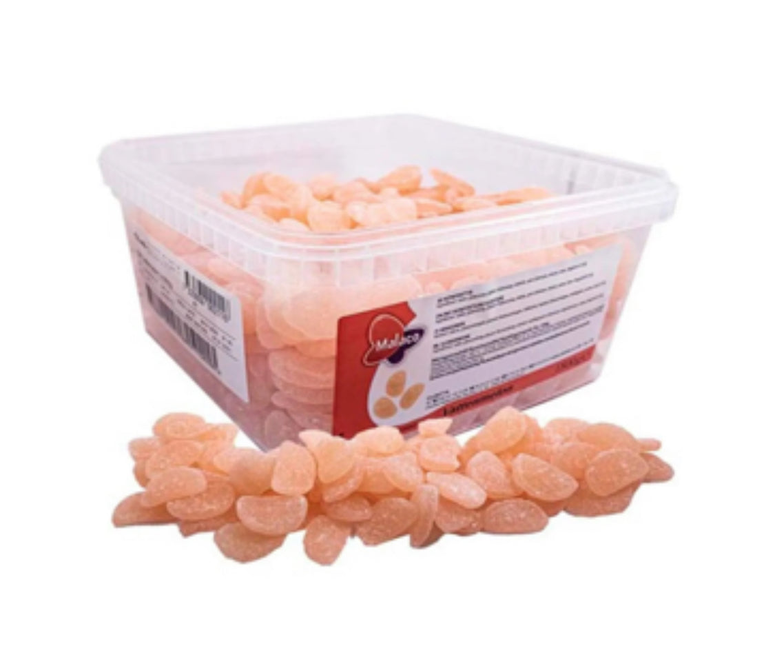 Container of peach gummies with a visible brand label  MALACO on a white background