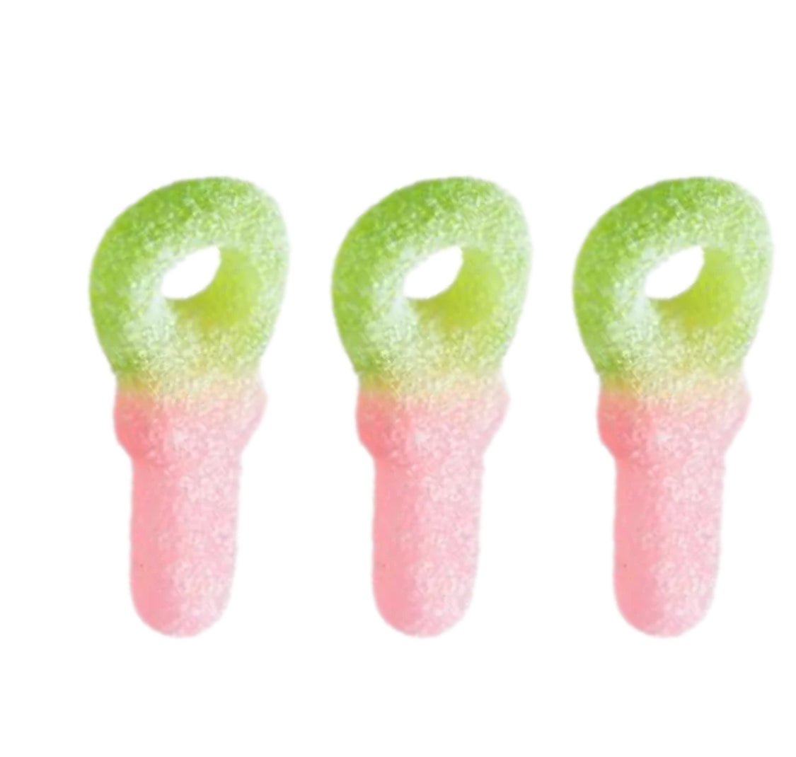 Three green and pink gradient pacifier candies  on a white background
