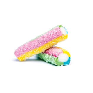 Two rainbow colorful candies white center coated in sour sugar.