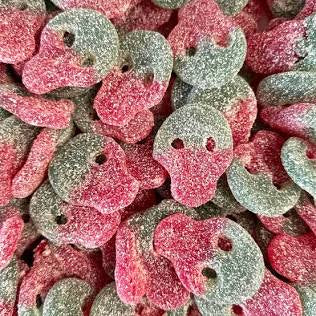 Colorful skull shaped candies with a close-up view.