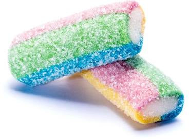 Two colorful gummy candies on a white background