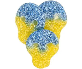 Two blue and yellow skull candy on a white background