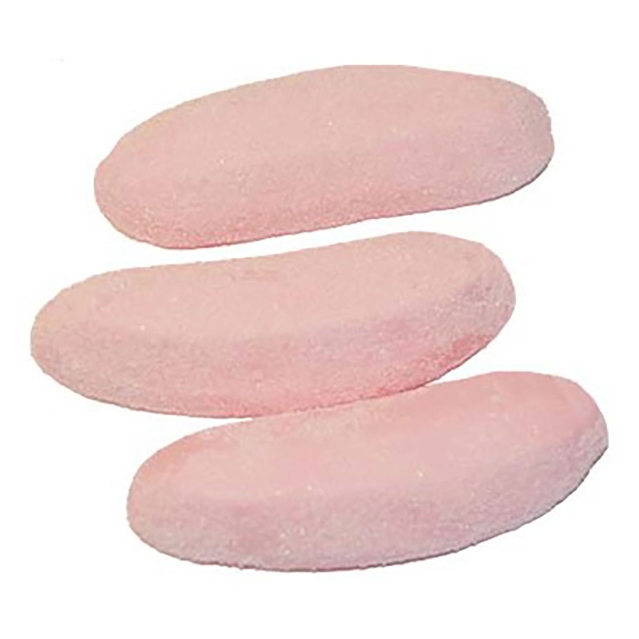 Three pink marshmallow shaped as mini bananas covered in sour sugar. Soft