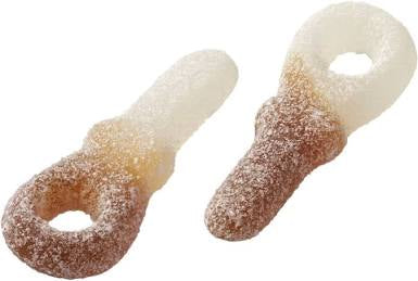 Two candies shaped as pacifiers covered in sour sugar. white background.