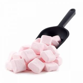 Black scoop filled with pink marshmallows on a white background
