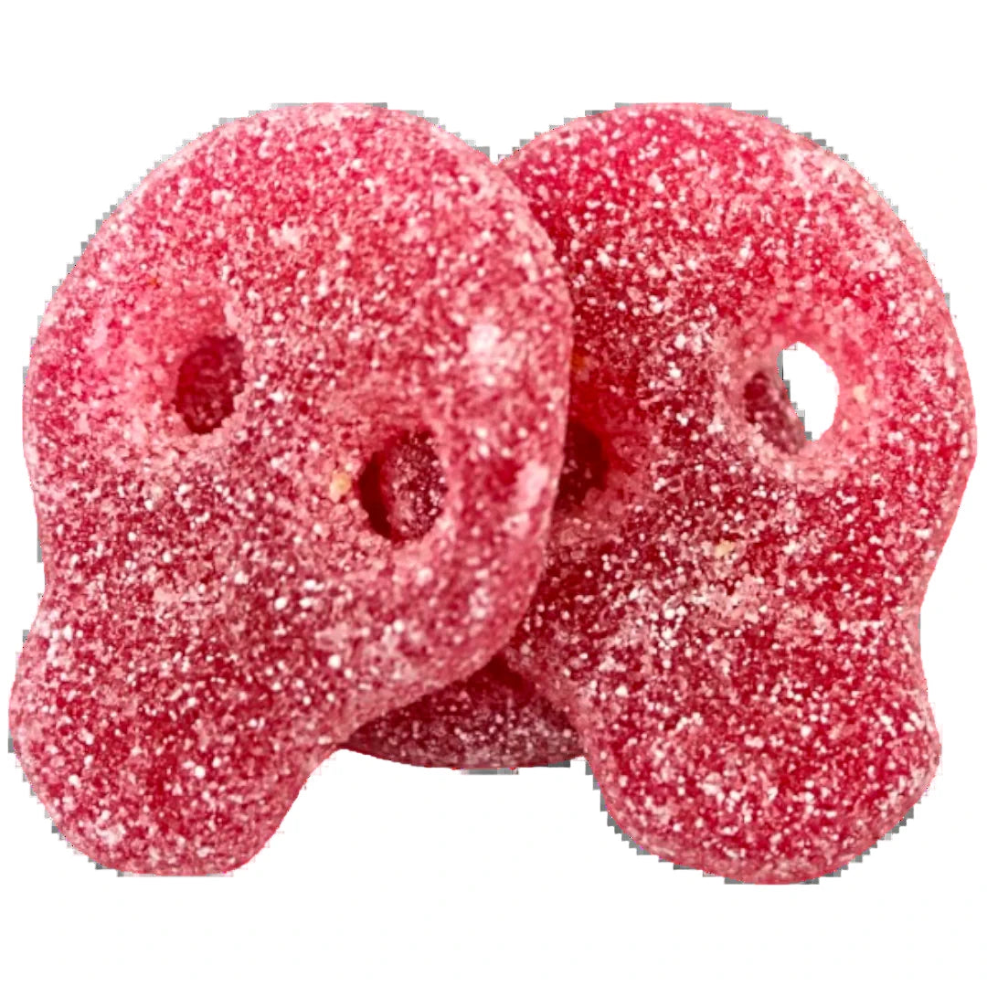 Two pink gummy candy shaped as a skull with a white background. Covered in sugar sweet and sour. Chewy